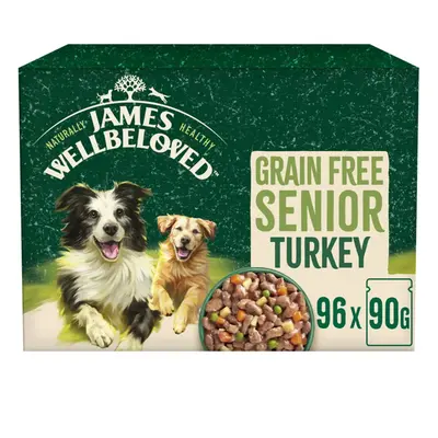 96 x 90g James Wellbeloved Grain Free Senior Wet Dog Food Turkey in Gravy Pouch