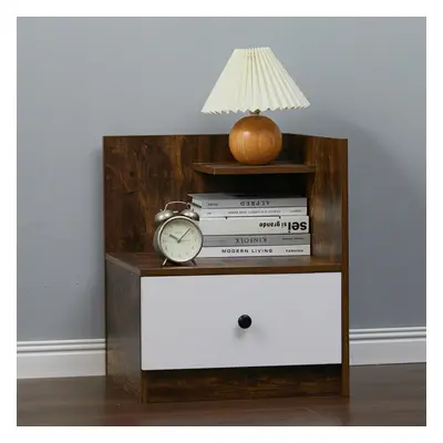 (White & Rustic Brown) Urban Style Bedside Table with Drawer and Open Shelf Wooden Nightstand