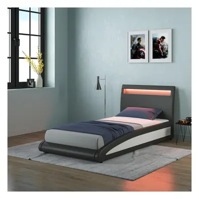 (Single, Black) Neptune LED Lights Headboard Gaming Style Faux Leather Bed Frame