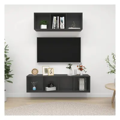 vidaXL TV Cabinet Set Piece Grey Chipboard Lowboard Living Room Furniture