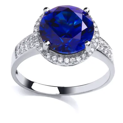 (R) Jewelco London Ladies Rhodium Plated Sterling Silver Blue Cubic Zirconia Halo Solitaire Enga