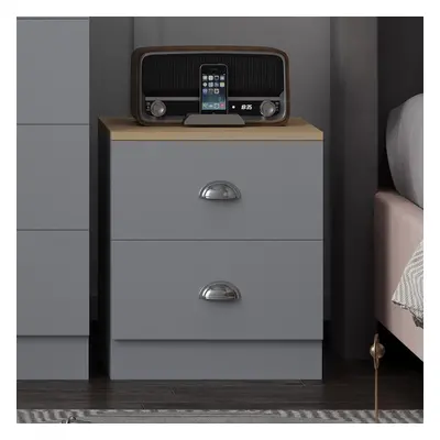 2 Drawer Bedside Cabinet Matt Grey Oak Bedroom Furniture Metal Cup Handles