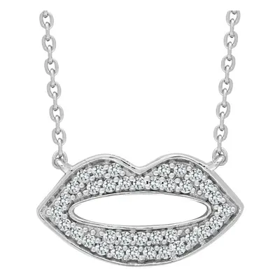 Jewelco London Solid 9ct White Gold Pave Set Round H I1 0.15ct Diamond Kiss Lips Charm Necklace 