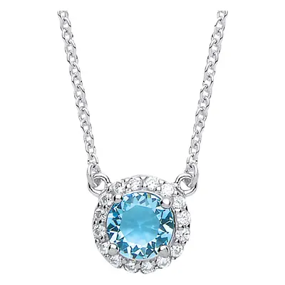 Jewelco London Ladies Sterling Silver Aqua Cubic Zirconia Solitaire Halo Charm Necklace + inch -