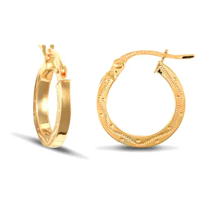 Jewelco London Ladies 9ct Yellow Gold Floral Engraved 2mm Hoop Earrings 13mm - JER143