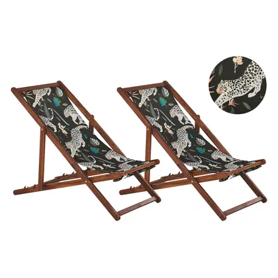 Set of Acacia Folding Deck Chairs and Replacement Fabrics Dark Wood with Off-White / Animal Patt