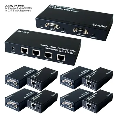 4 Port Way VGA & Audio Over Single CAT5e CAT6 Splitter PC Distribution Extender