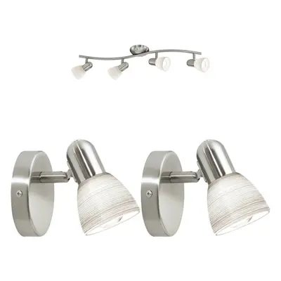 Quad Ceiling Spot Light & 2x Matching Wall Lights Satin Nickel Opal Glass Shade