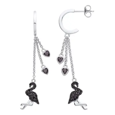 Jewelco London Ladies Rhodium Plated Sterling Silver Black Heart CZ Love Heart Flamingo 2/3 Hoop