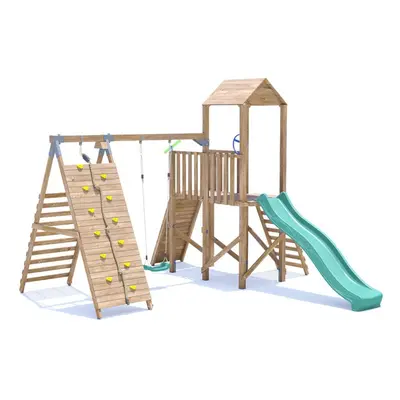 FrontierFort Climbing Frame with Single Swing, High Platform, Tall Climbing Wall & Slide