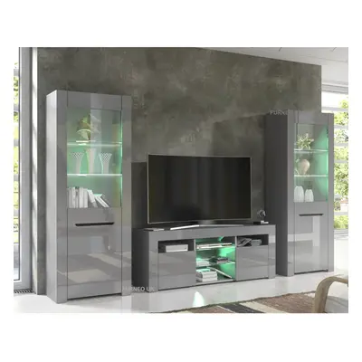 (RGB (multicoloured) LED Lights) Grey Living Room Set TV Stand Display Cabinets High Gloss & Mat