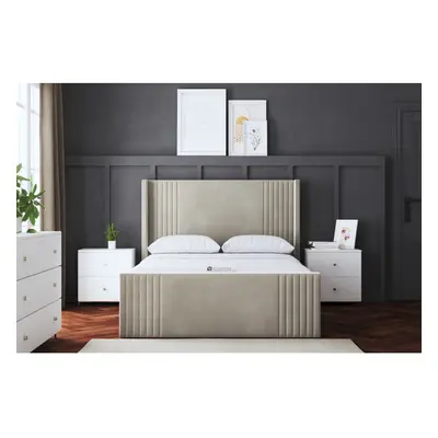 (Single, Cream) Elara Winged Paneled Upholstered Bed with Ottoman