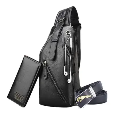 (Black 001) 3PCS Men Chest Bag Wallet Belt Set Casual Multifunction Wear- Resistant Crossbody Sh