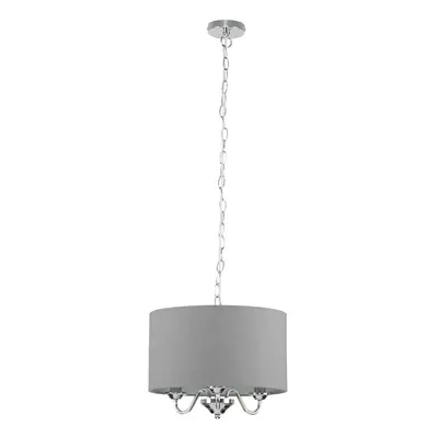 Modern Chrome Way Curved Arm Grey Linen Slimline Drum Ceiling Light Pendant