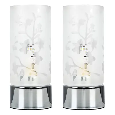 Pair of - Floral Design Glass/Polished Chrome Touch Table Lamps