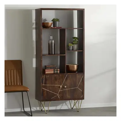 Solid Wood Dark Walnut Door Bookcase Storage Open Shelves Gold Metal Inlays