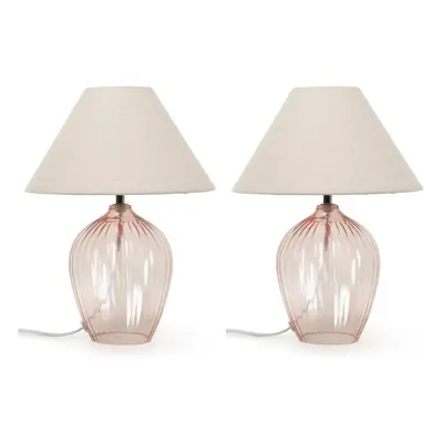 Pair of - Blush Pink Glass Base Table Lamp Fabric Tapered Shade Light