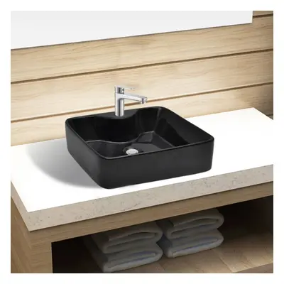 vidaXL Ceramic Bathroom Sink Basin with Faucet Hole Black Square Counter Top