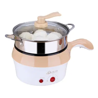 (Khaki) 1.8L Double-Layer Stainless Steel Mini Electric Pot Pan Cooker Cooking Fry Stew