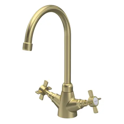 Traditional Mono Mixer Kitchen Tap with Crosshead Handles - Brushed Brass