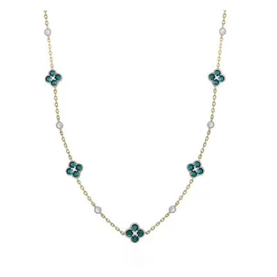 Jewelco London 14k Gold-plated Silver Green CZ Alternating Clover Cluster Solitaire Station Neck