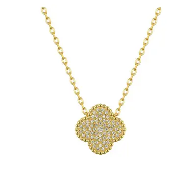 Jewelco London 14k Gold-plated Silver Round CZ Encrusted Bead Edge Clover Pendant Necklace - ANC