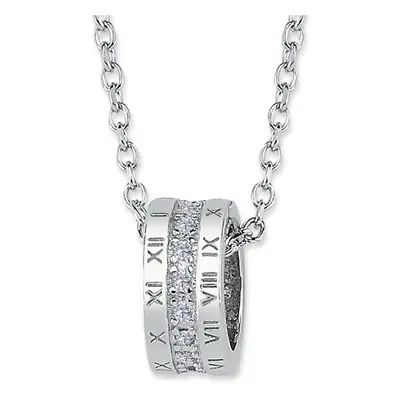 Jewelco London Rhodium Sterling Silver CZ Roman Numerals Wedding Ring Style Necklace 18.5" - ANC