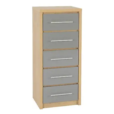 Seconique Seville 2-Door Wardrobe, Wood, Light Oak Veneer/Grey High Gloss#5 Drawer Narrow Chest