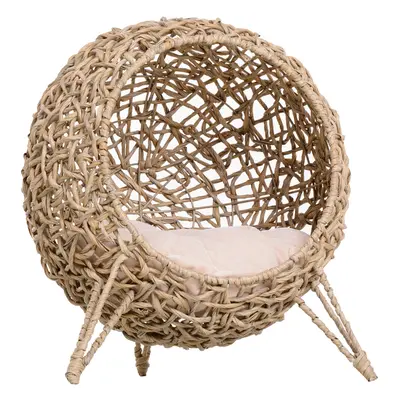 PawHut Wicker Cat House, Ball-Shaped Rattan Raised Cat Bed - Natural Wood Finish