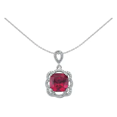 Jewelco London Ladies Sterling Silver Ruby-Red Cushion Cubic Zirconia Halo Cluster Pendant Neckl