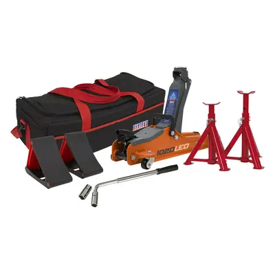 Short Chassis Trolley Jack Kit - Axle Stands & Chocks - Wrench Set - Orange