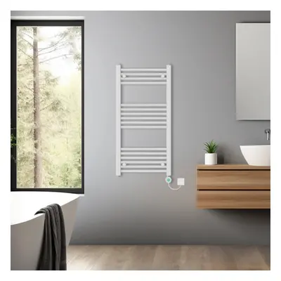 (White, 1000x500mm) Bathroom Prefilled Electric Heated Towel Rail Straight Radiator Thermo Smart