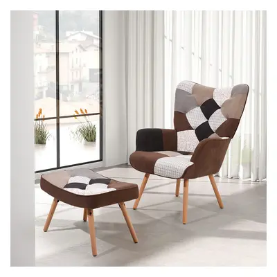 (Color Block-Brown) Upholstered Wingback Armchair with Footstool