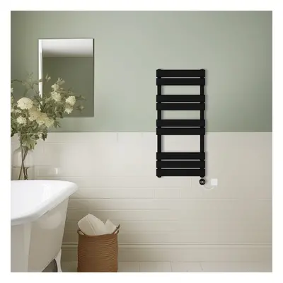 (Black, 1000x450mm) Prefilled Thermostatic Electric Flat Panel Heated Towel Rail Ladder Warmer R