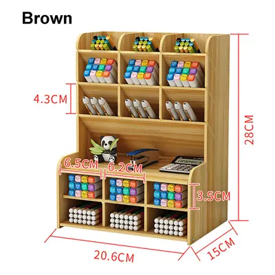 (Brown) Layers Wooden Pen Holder Desk Organizer Multi-Functional DIY Storage Box Desktop Station