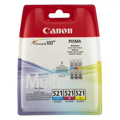 3pk Canon CLI-521 Cyan, Magenta & Yellow Ink Cartridges