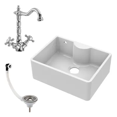 595mm - Bowl Fireclay Butler Kitchen Sink - Tap Ledge, Overflow, Classic Tap & Waste