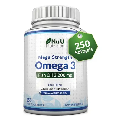 Omega Fish Oil 2200mg & Vitamin D3 2000IU - Capsules Over Month Supply - 720mg EPA & 480mg DHA p