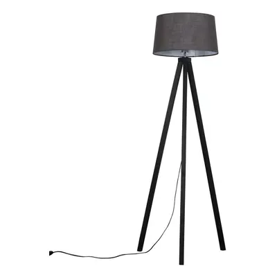 Modern Black Wood Tripod Floor Lamp with a Grey Tapered Shade - Complete with a 6w LED GLS Bulb 