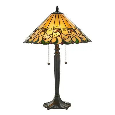 Tiffany Glass Table Lamp Light Dark Bronze & Amber Bead Art Nouveau Shade i00210