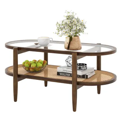 2-Tier Coffee Table Rattan Center Tea Cocktail Table Tempered Glass Tabletop Wooden