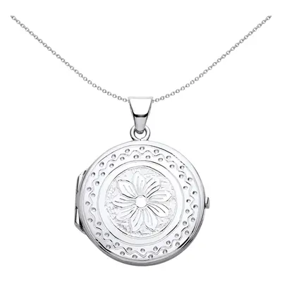 Jewelco London Ladies Rhodium Plated Sterling Silver Flower Waves Dots Engraved Round Locket Pen