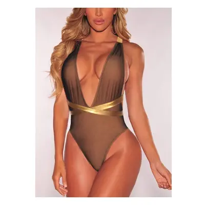 (Black, M) Women One Piece Swimsuit Plunge V Contrast Straps Bandage Open Back Sexy Monokini