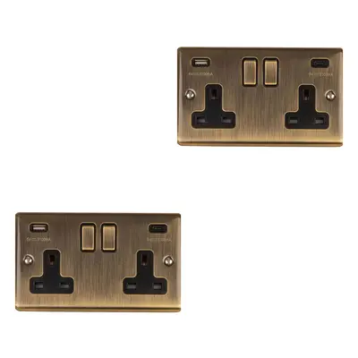 2 PACK Gang Double UK Plug Socket & Dual 3.1A USB-C ANTIQUE BRASS 13A Switched