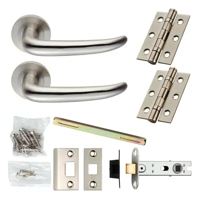 Door Handle & Latch Pack Satin Steel Slim Curved Lever Screwless Round Rose