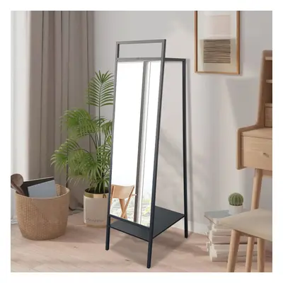 Metal Freestanding Full Length Mirror with Clothes Rack Black