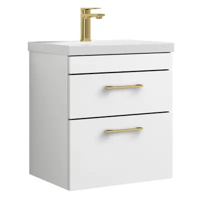 Rio Drawer Wall Hung Vanity Basin Unit - 500mm - Gloss White with Brushed Brass D Handles (Tap N