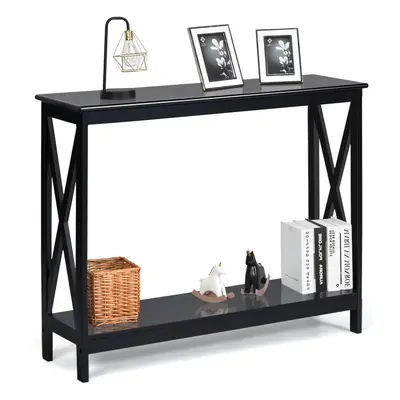 2-Tier Console Table X-design Wooden Desk Side Table w/ Shelf Black