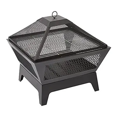 Trueshopping Black Square Outdoor Steel Fire Pit with Mesh Lid - Basket Bowl Fireplace Brazier -