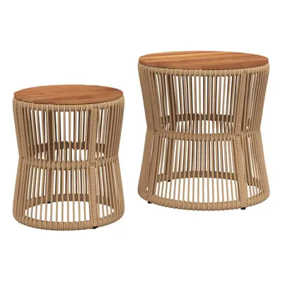 (beige, line weaving) vidaXL Garden Side Tables with Wooden Top Outdoor Table pcs Poly Rattan